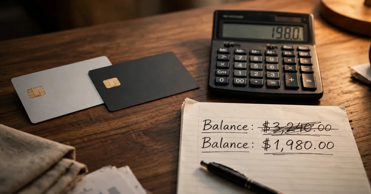 Credit card offer letter advertising 0% APR next to a calculator and a stack of card statements