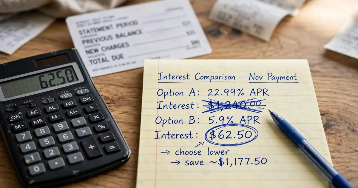 Worked comparison of interest paid on a $5,000 balance with and without a balance transfer