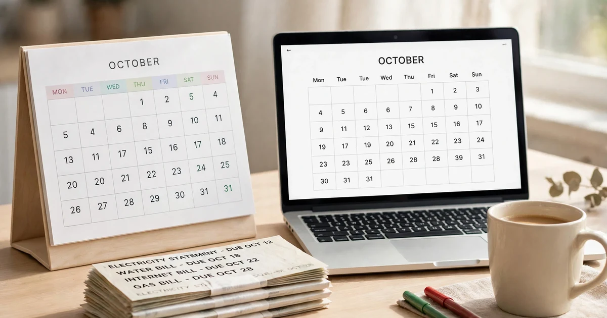 Desk calendar with bill due dates circled, showing how to build a bill payment calendar to never miss a due date
