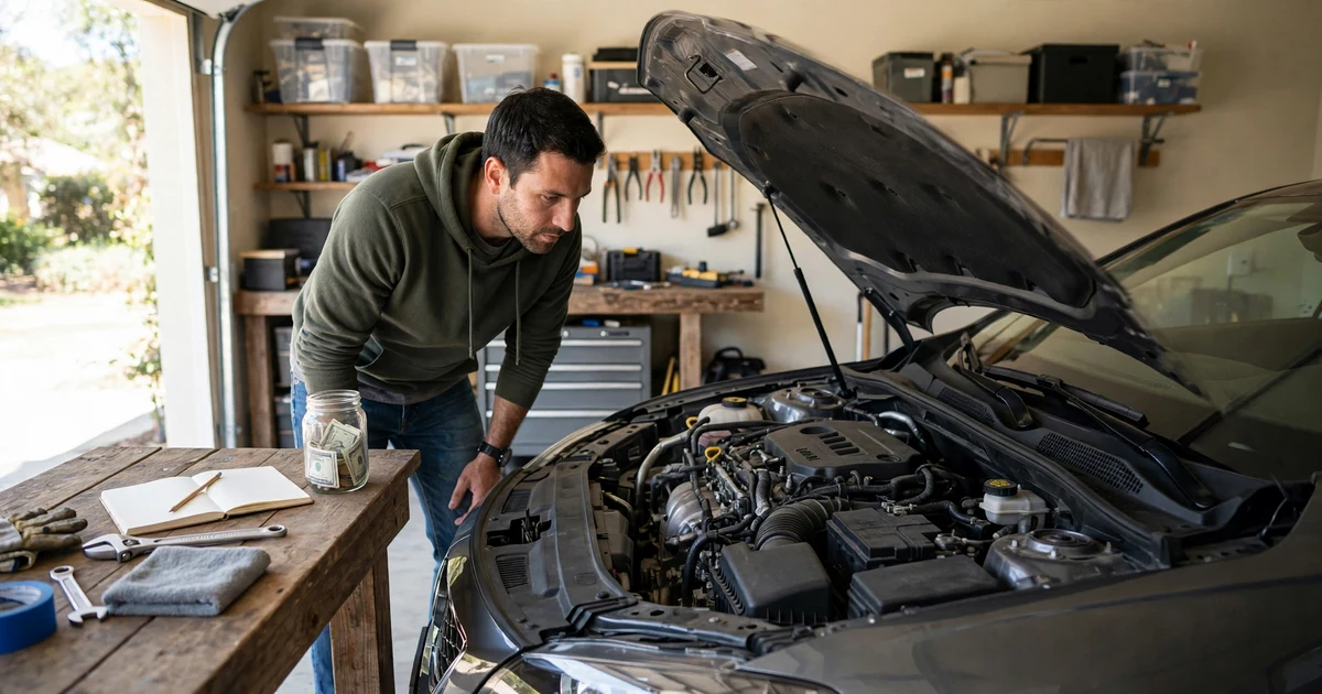 How to save money for car maintenance costs every month: a car owner checking a sedan's engine in a home garage beside a notebook and a car savings jar