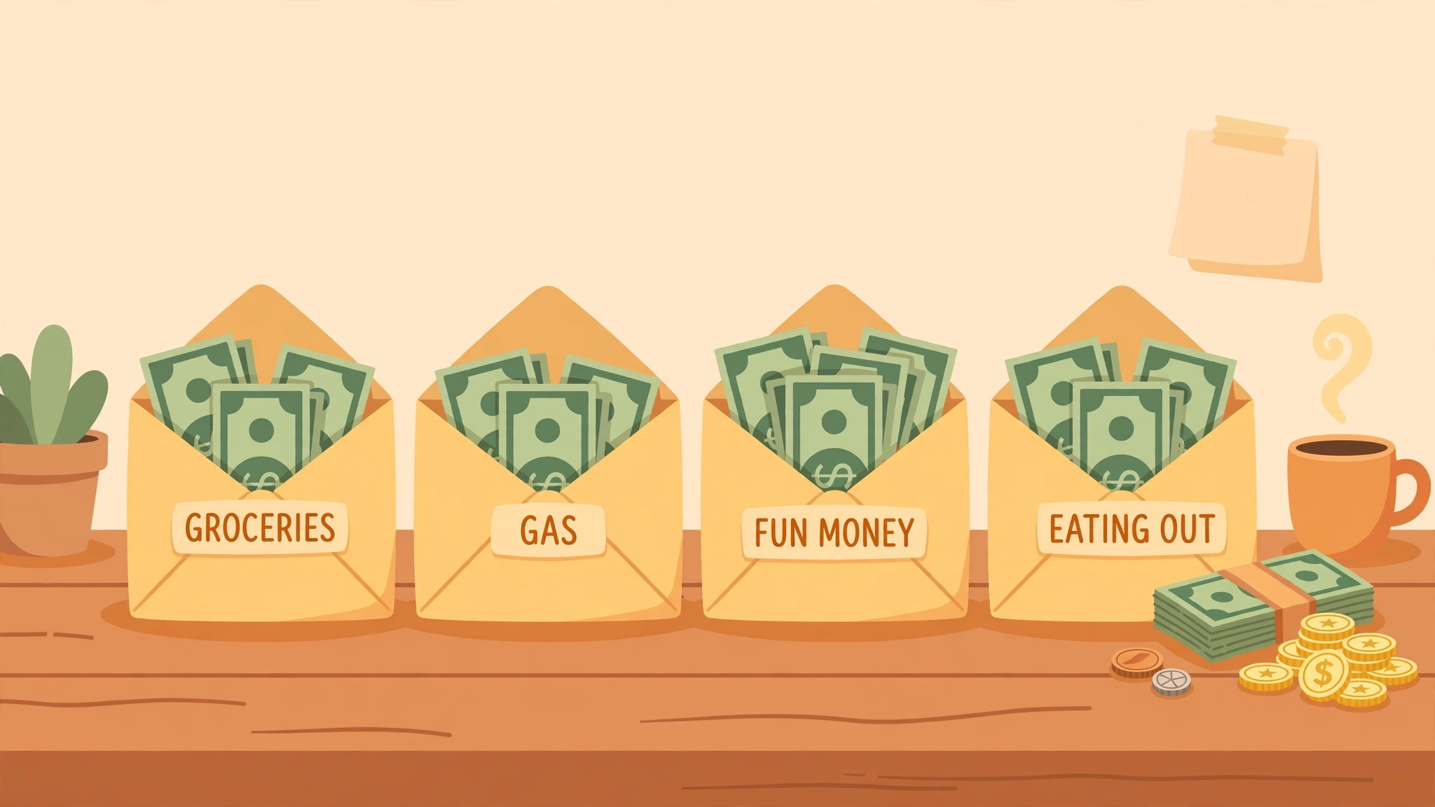 Cash envelope budgeting system for beginners — labeled envelopes stuffed with dollar bills on a wooden desk