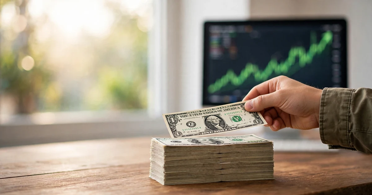 Person stacking dollar bills while learning what to do with your cash when the Fed raises rates, with a rising green interest rate chart glowing in the background