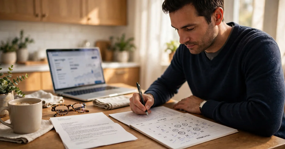 How to stop your CD from auto-renewing after the October 2026 Fed hold: a saver reviewing a bank letter and calendar at a kitchen table before a CD maturity date