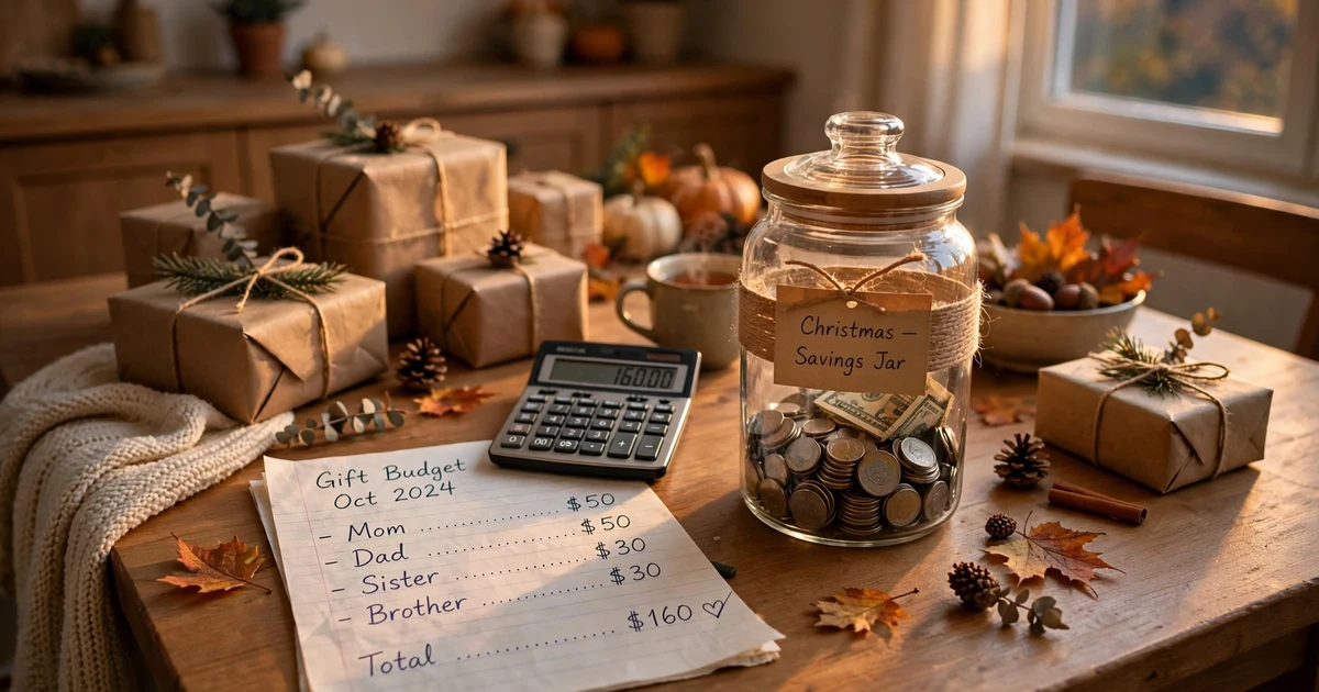 Family table with wrapped gifts and a savings jar showing how to save for Christmas in 5 weeks without credit card debt