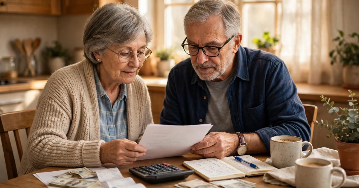 Senior couple learning how to stretch their 2027 Social Security raise by reviewing their monthly budget at the kitchen table
