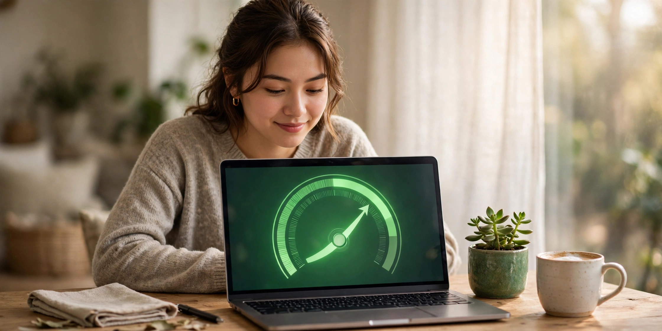 Young woman checking her credit score on a laptop as a rising gauge shows her progress building credit from 500 toward a 700 score