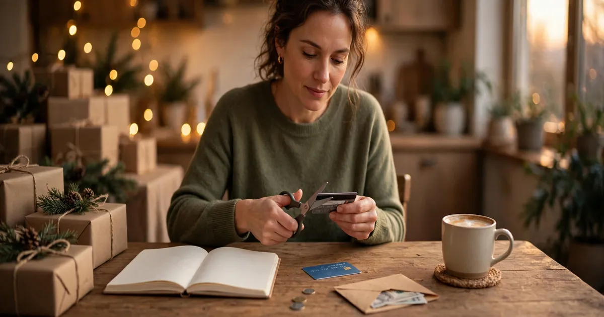 Person cutting a credit card at a kitchen table with a budget notebook, learning how to break the credit card cycle before the holidays