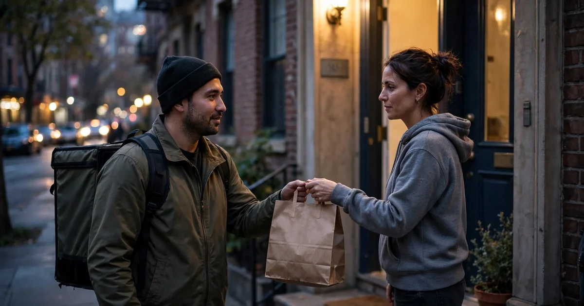 How to stop paying delivery app fees every week: a delivery driver handing a takeout bag to a customer at an apartment doorway