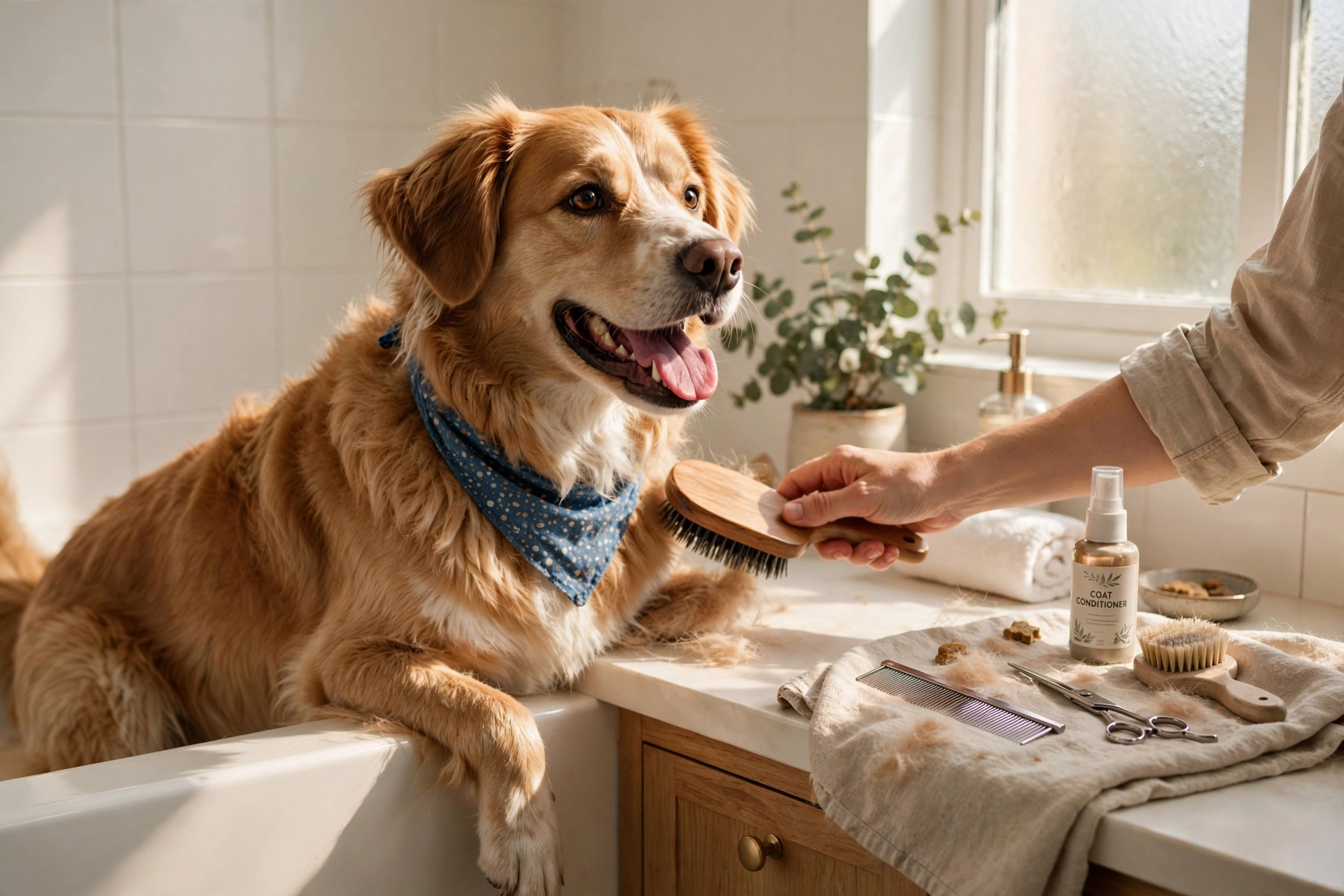 How to save money on dog grooming at home: a happy dog being brushed at home with grooming tools nearby