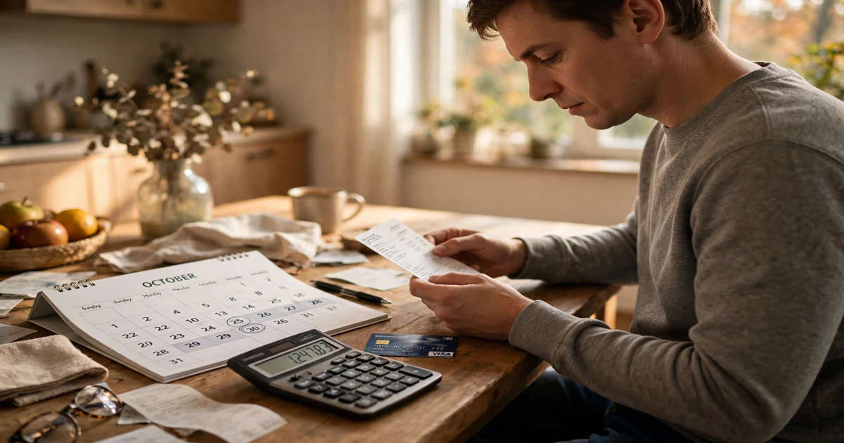 Person reviewing a credit card statement at a table, learning how to protect your credit card balance before the October 28 Fed decision