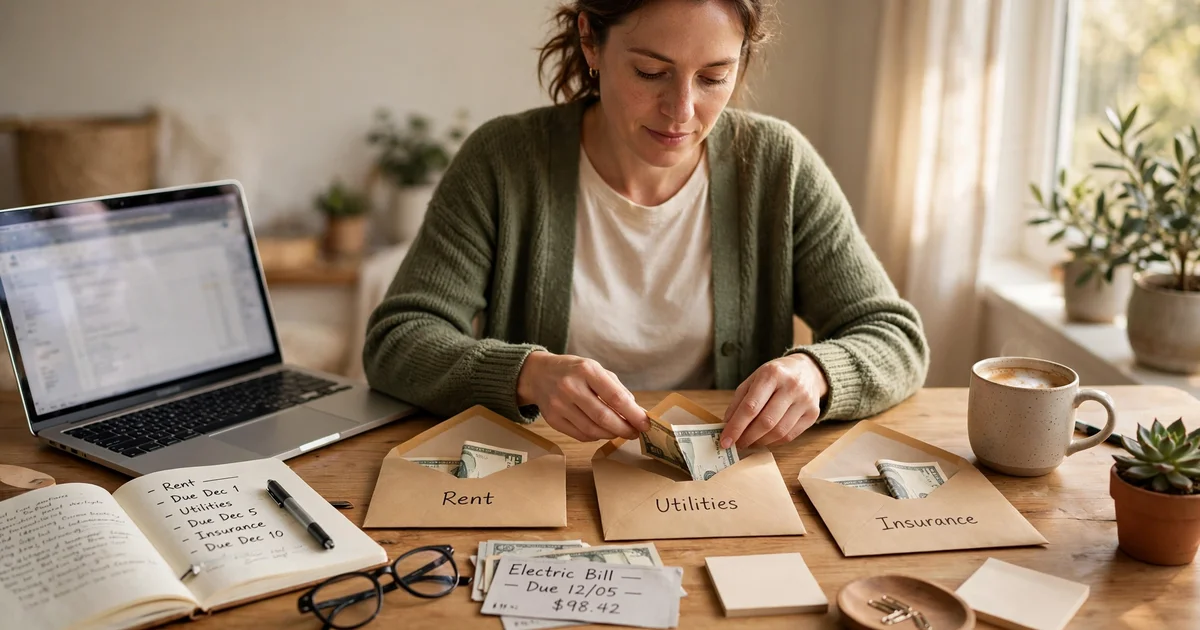 How to budget for irregular income as a freelancer: a freelancer at a home desk sorting monthly bills and a laptop budget