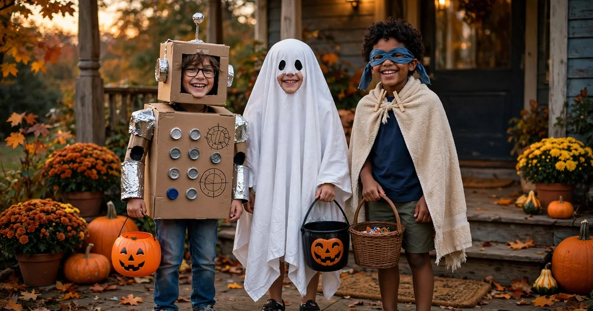 How to save money on Halloween costumes for kids without buying new: three children in homemade costumes — a cardboard robot, a sheet ghost and a towel-cape superhero — on an autumn porch