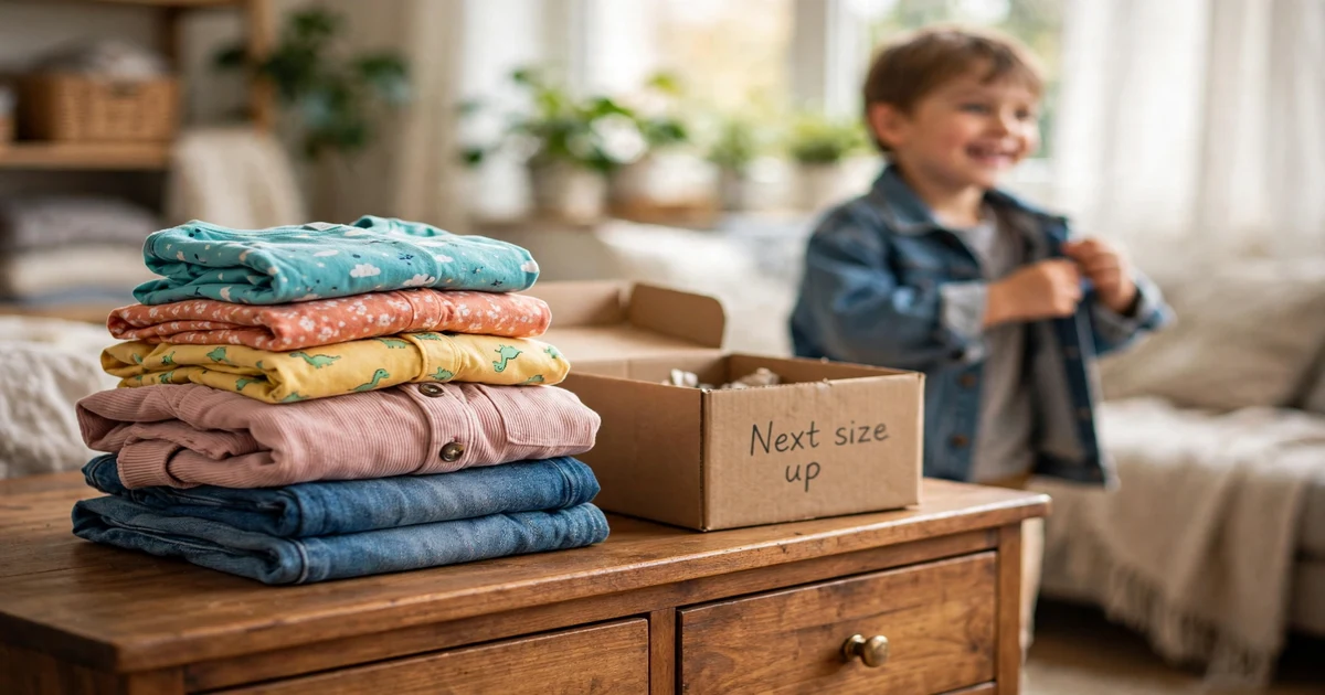 Stack of folded kids clothes and a next-size-up box — how to save money on kids clothes as they grow fast