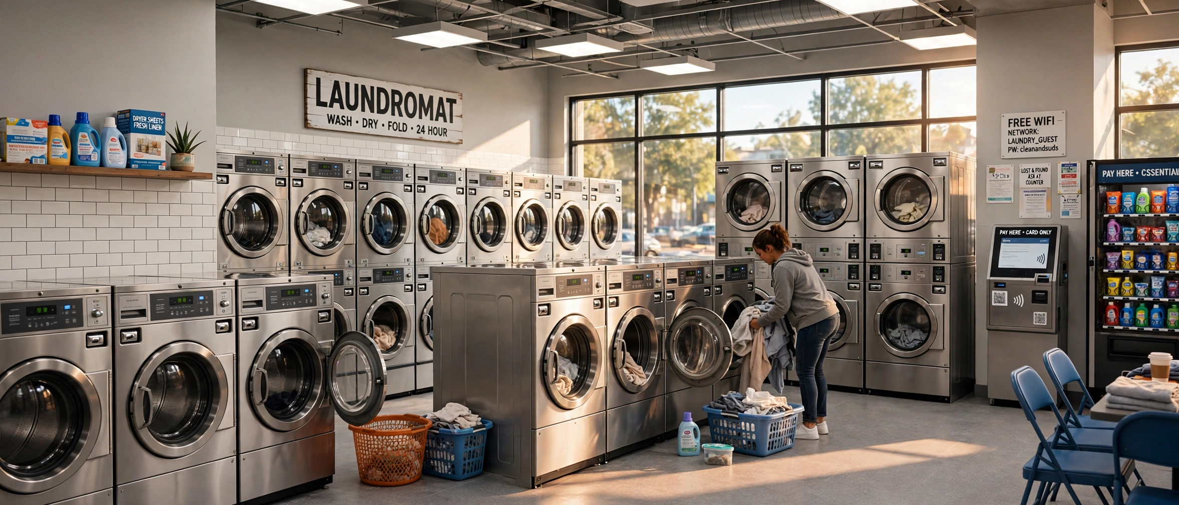 How to save money at the laundromat: a bright laundromat with rows of washing machines