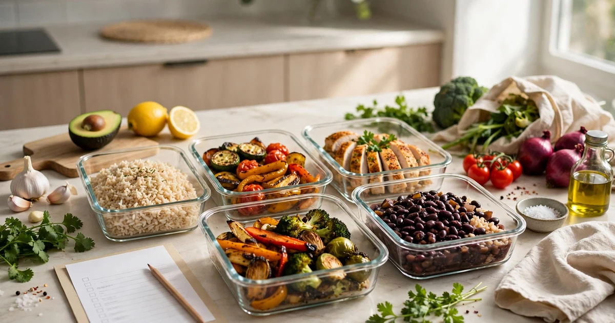 How to meal prep for one person on a tight budget: glass meal prep containers with rice, vegetables and chicken on a kitchen counter