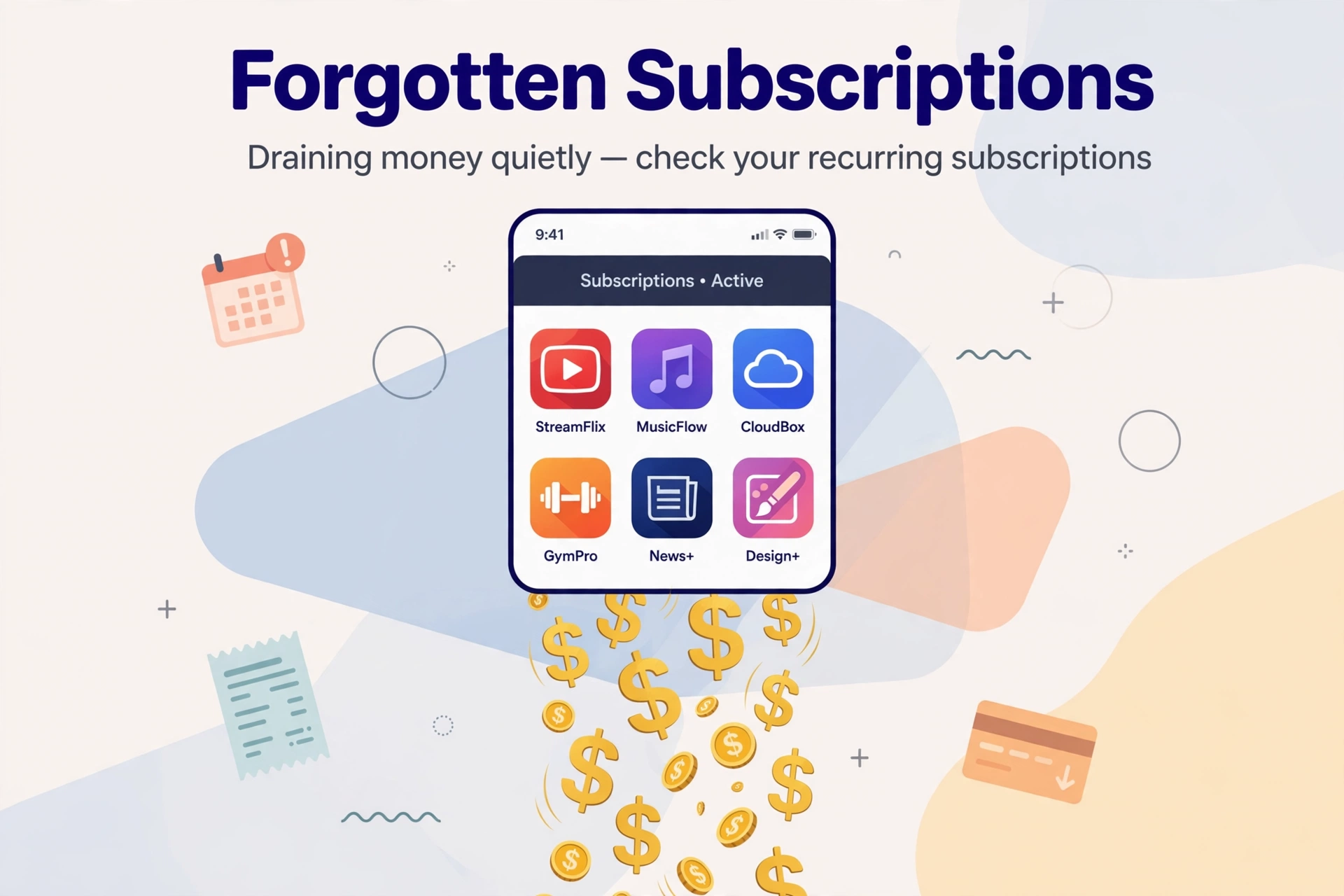 Smartphone showing subscription apps with dollar signs flowing out