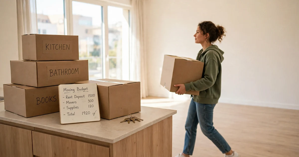 How to budget for a move to a new apartment: stacked moving boxes and a budget notebook in a bright empty apartment