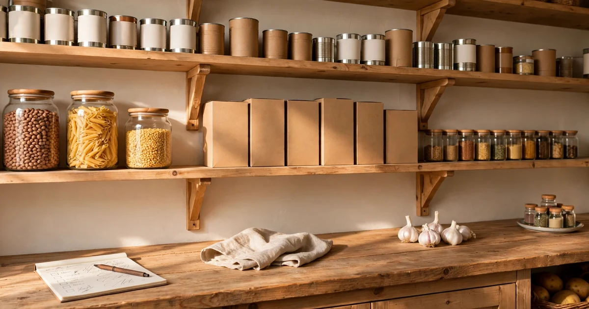 Stocked home pantry shelves with canned goods, rice, and pasta jars — how to do a pantry challenge to save money