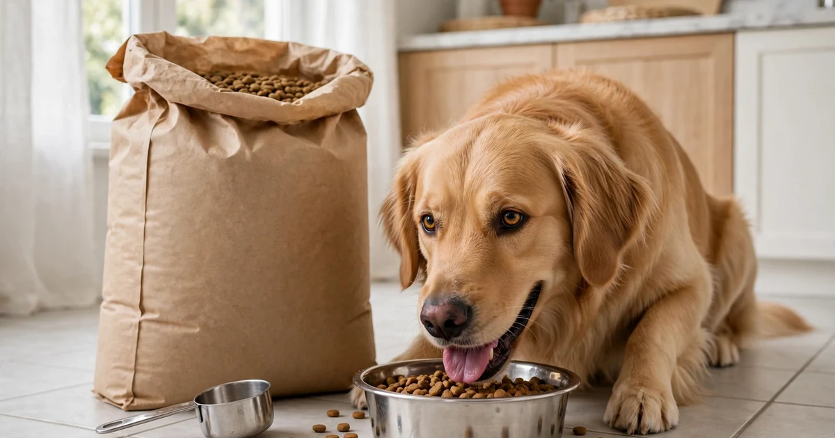 Happy dog eating from a bowl beside a bag of pet food — how to save money on pet food without compromising quality
