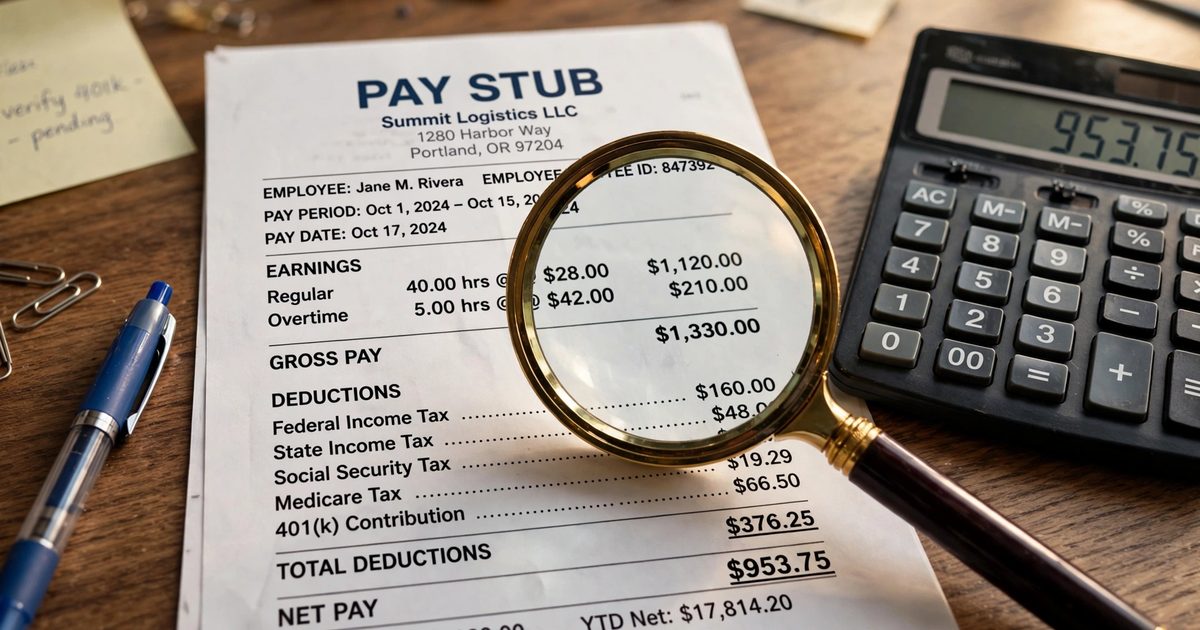 Pay stub with highlighted sections