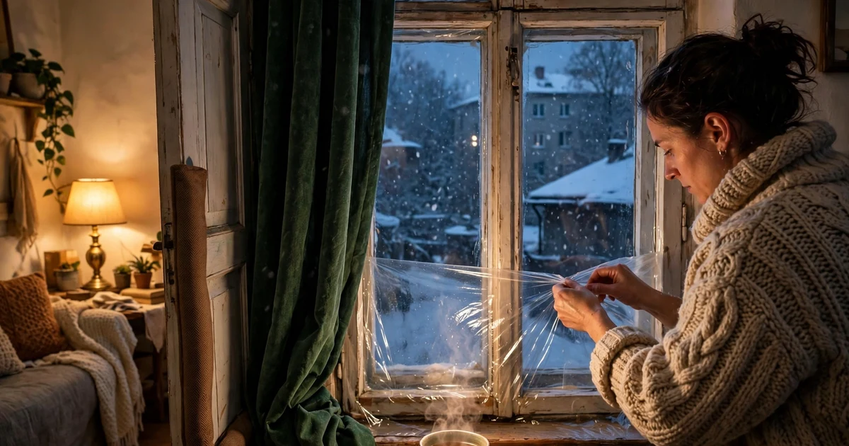 Renter sealing a drafty apartment window with insulation film to learn how to save money on heating in a rented apartment