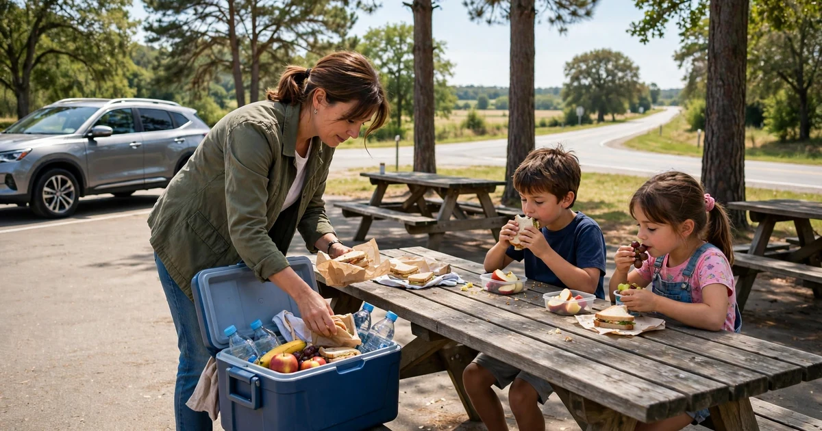 How to save money on a road trip with kids without eating fast food every day: a family eating packed sandwiches and fruit at a picnic table beside their car on a road trip