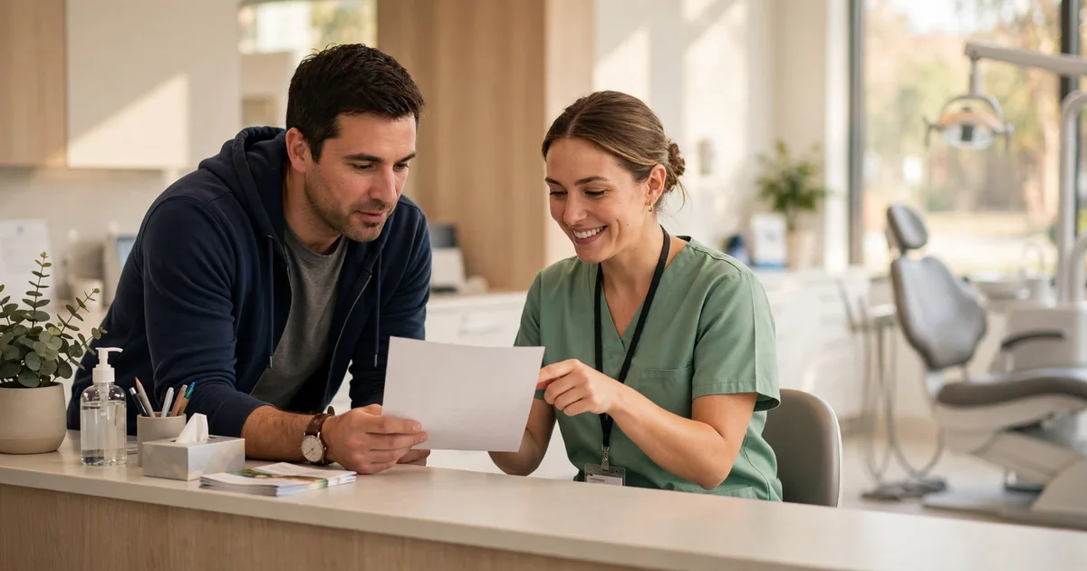 How to pay for a root canal without dental insurance: a patient reviewing a dental treatment estimate at a clinic reception desk