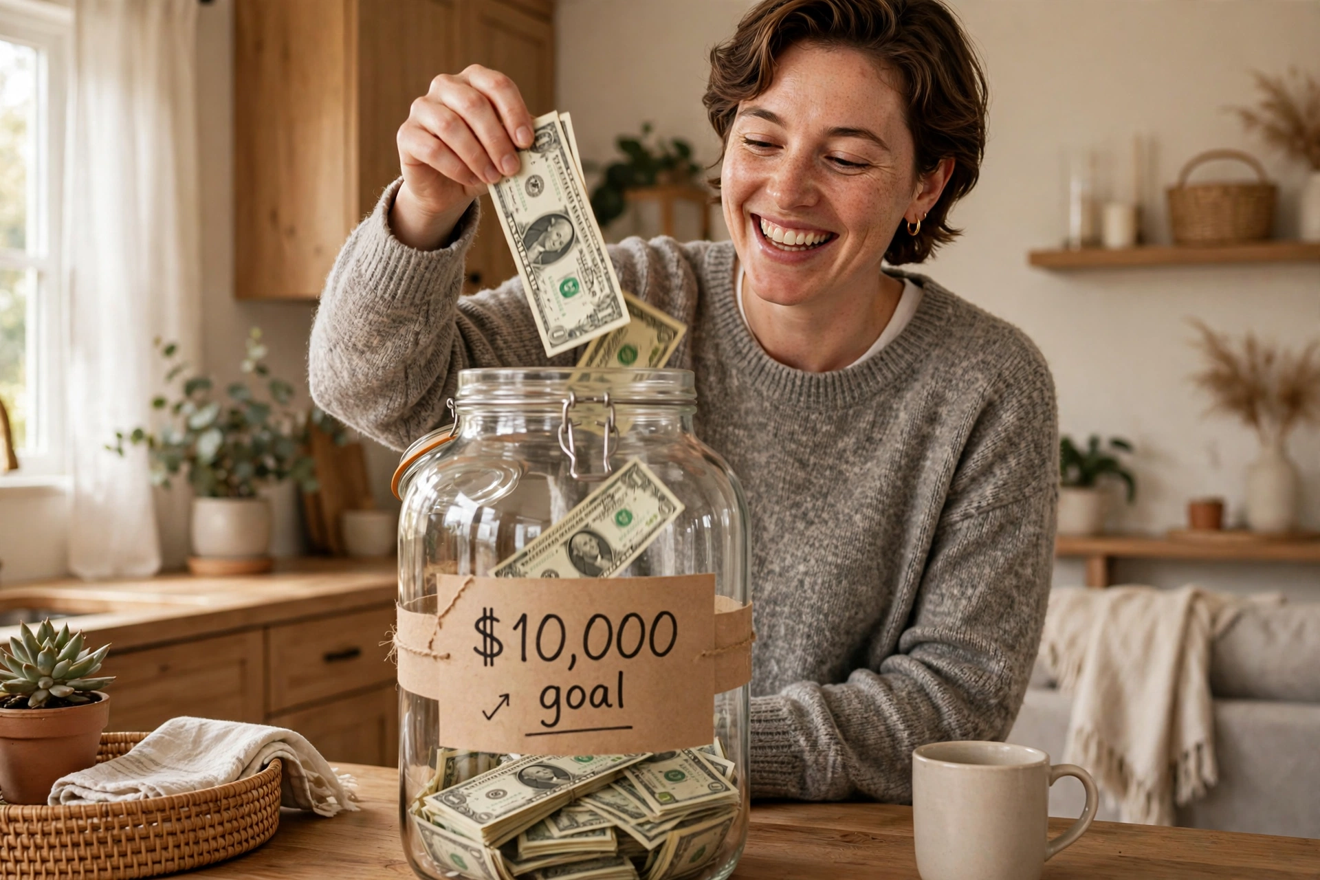 Person putting money into a savings jar labeled $10,000 goal