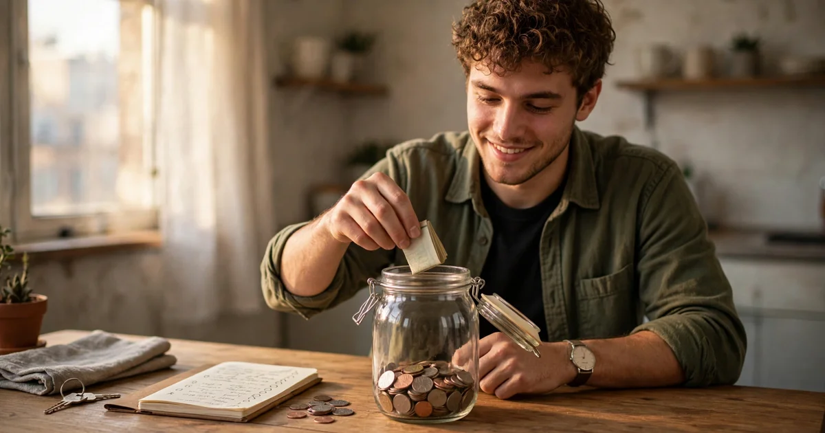 Person on a tight budget putting small bills and coins into a glass savings jar