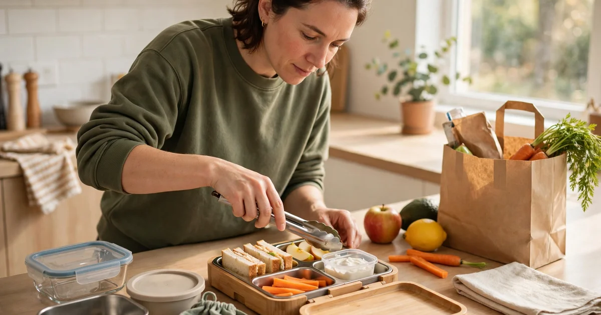 How to save money packing school lunches at home: a parent packing a bento lunchbox with a sandwich, apple slices and carrot sticks at a kitchen counter