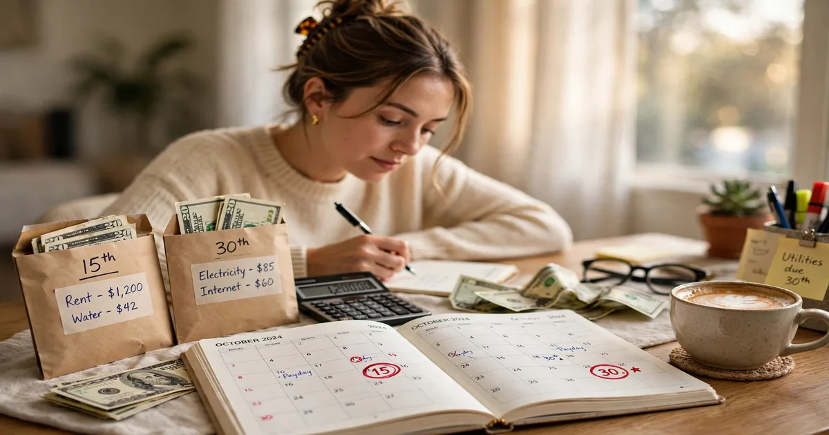 Woman learning how to budget when you get paid on the 15th and 30th, sorting bills into labeled 15th and 30th pay envelopes at her desk