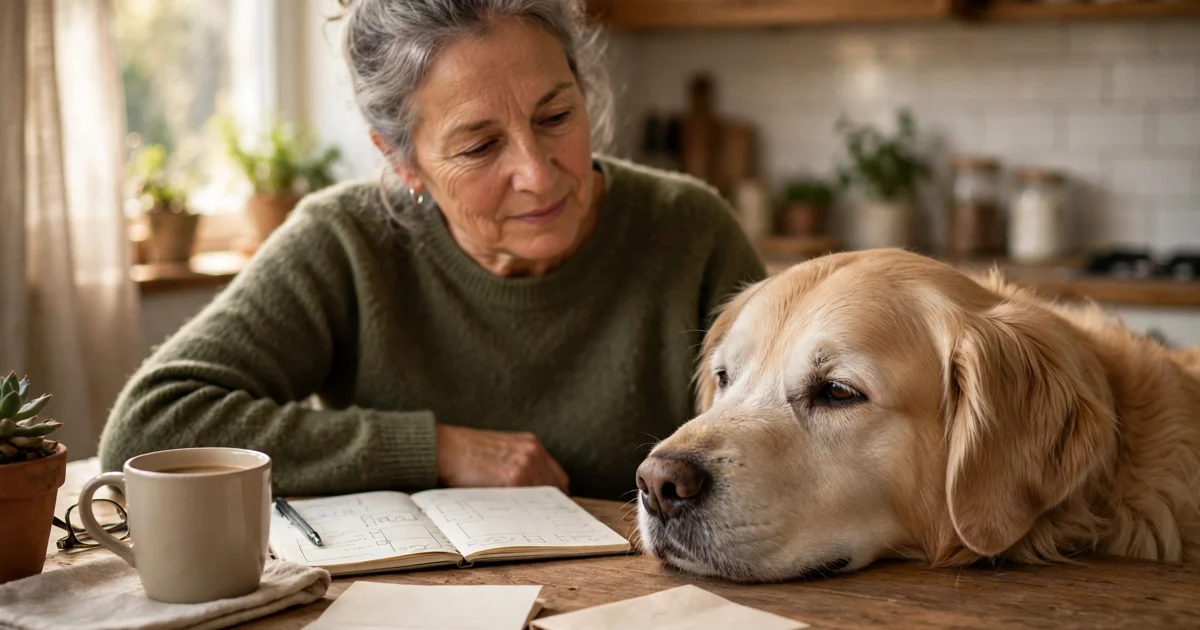 How to save money on vet bills for senior dogs without pet insurance: a senior dog resting beside its owner at a table with a vet bill and a budget notebook