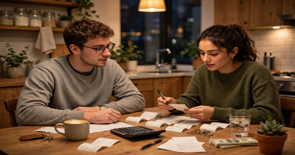 Two roommates reviewing a shared bill tracker at the kitchen table — how to split rent and bills with roommates fairly