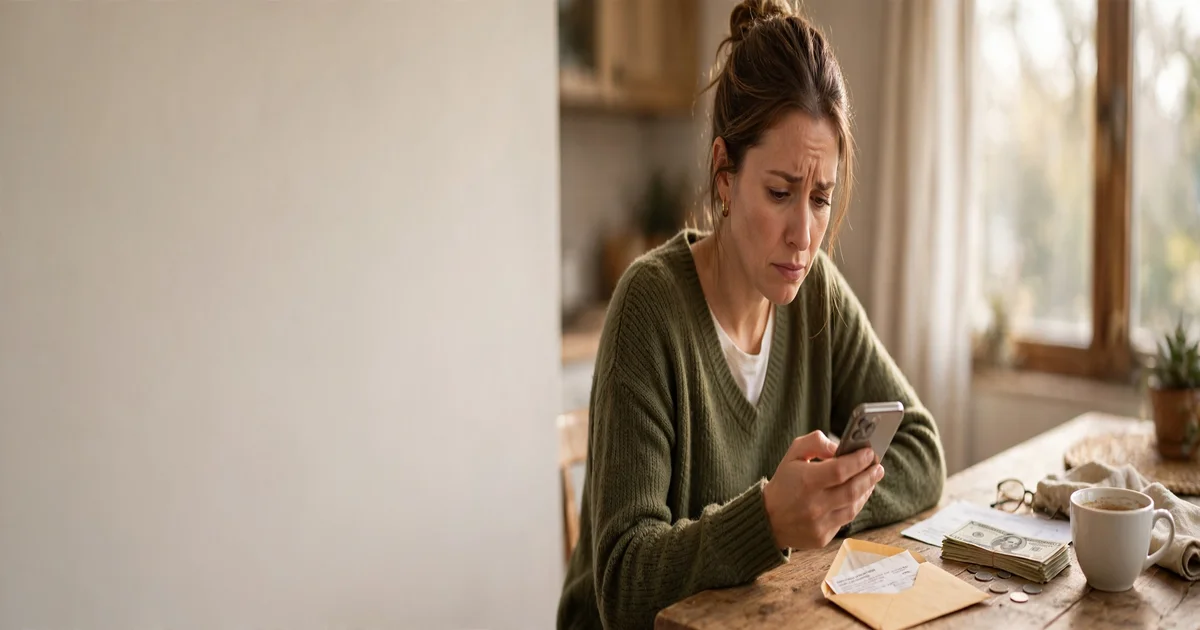 Worried woman checking her bank app to learn how to stop overdraft fees when living paycheck to paycheck