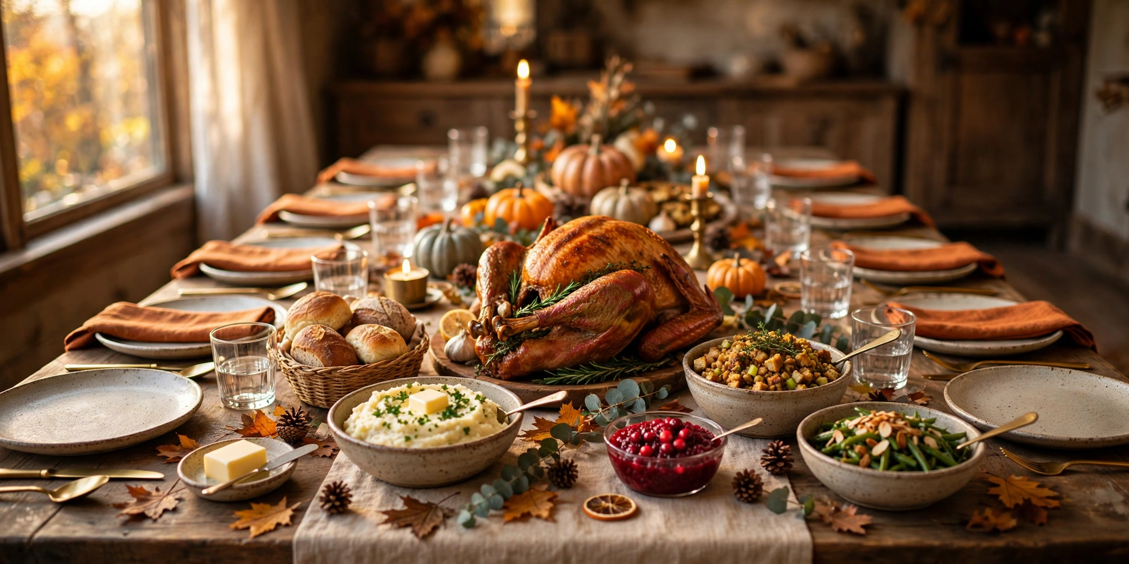 How to host Thanksgiving dinner on a budget for 10 people: a roast turkey with mashed potatoes, stuffing and cranberry sauce on a festive table