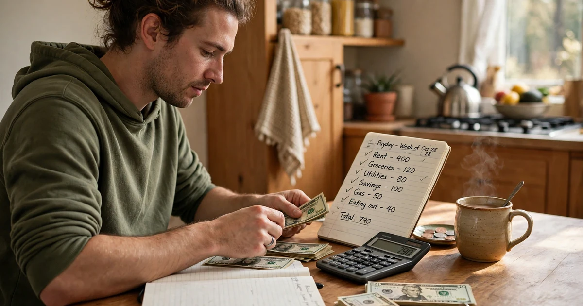 How to budget on a weekly paycheck without running out of money: a person sorting a weekly paycheck budget in a notebook at a kitchen table