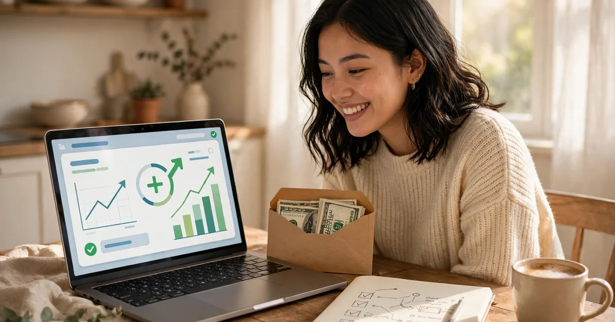 Young woman planning what to do with a financial windfall after an unexpected deposit, reviewing her bank balance on a laptop at home